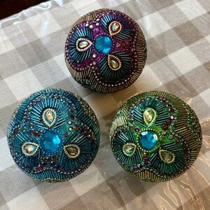 Pier 1 Decorative Beaded and Jeweled Peacock Orbs, Set of 3